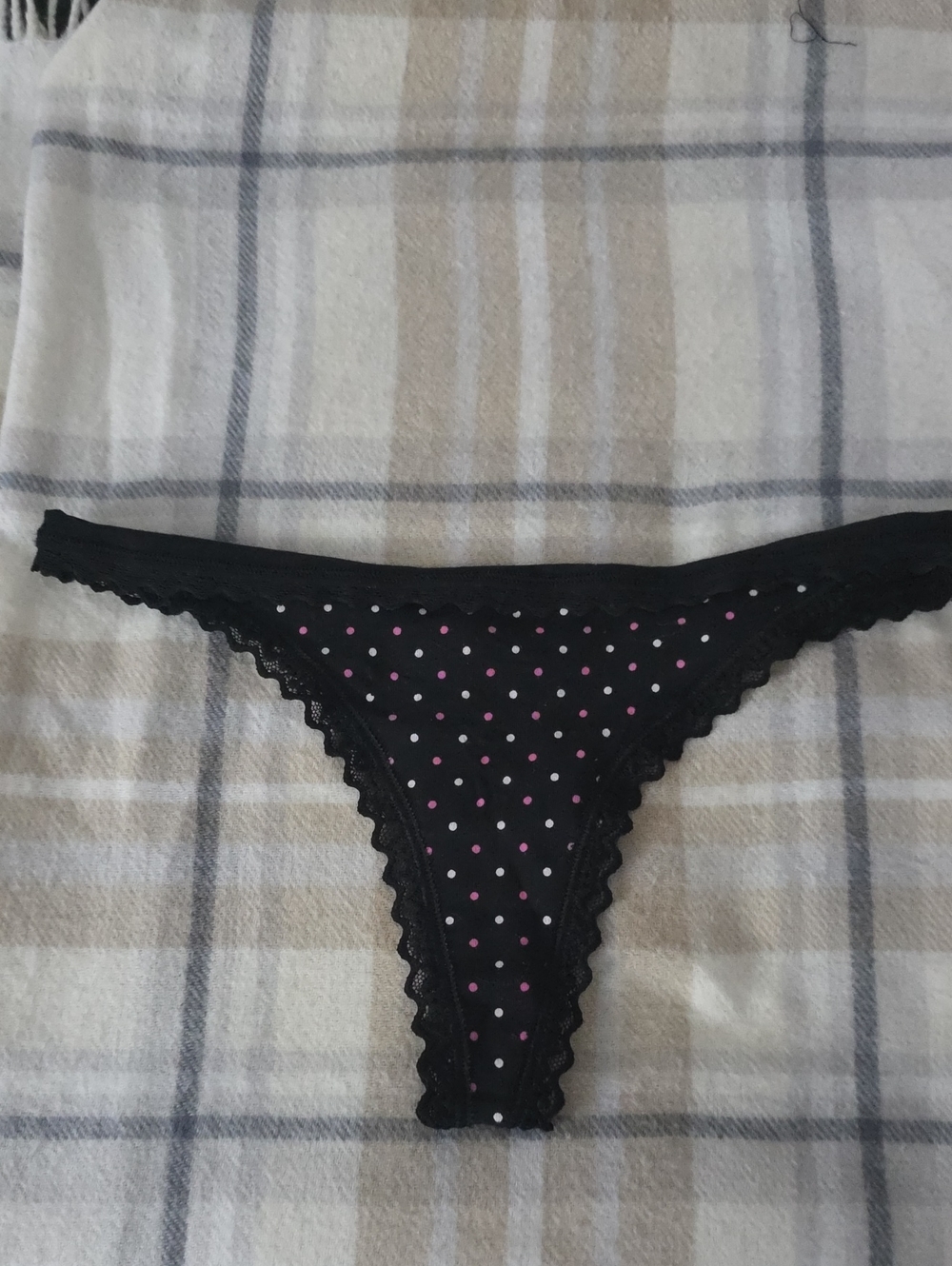 Victoria's Secret Black Thong with Pink & White Polka Dots